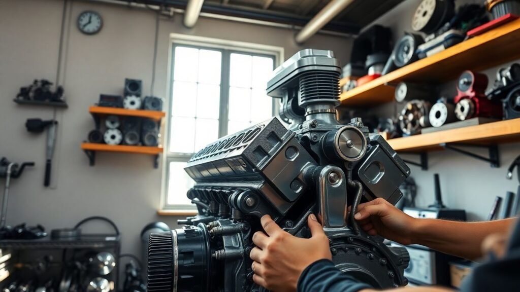 Engine parts and mechanic in workshop