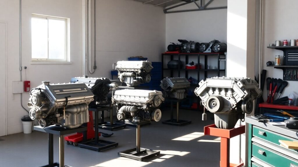 Various car engines for sale in a clean garage.