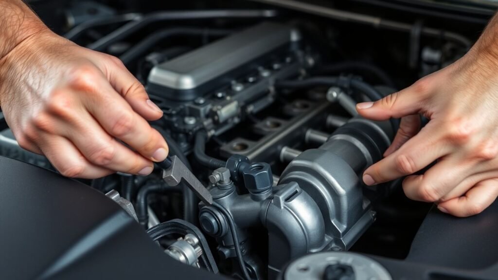 Mechanic working on a car engine with tools.