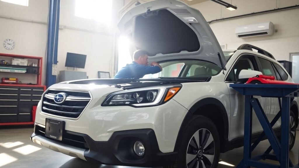 Subaru mechanic inspecting a car in a workshop.
