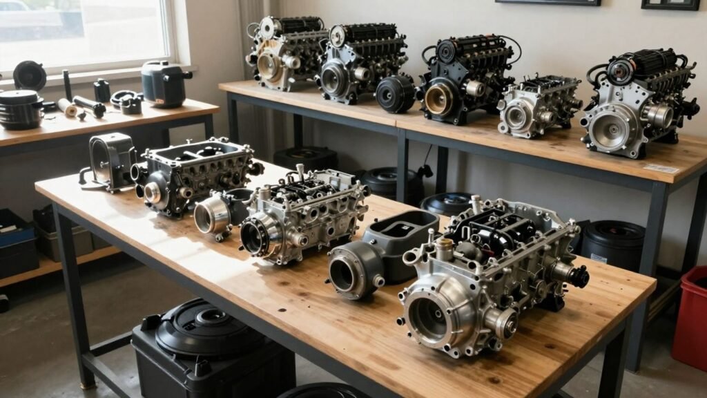 Used car motors and engine parts in a workshop.